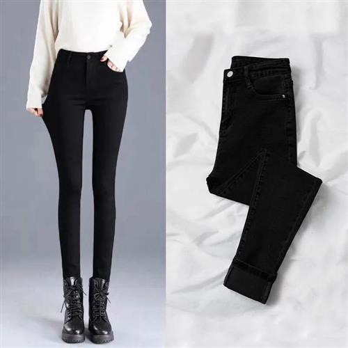 Womens spring jeans plus velvet slim high waist elastic