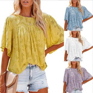 Round Neck Pleated Babydoll Floral Cute Lace Sleeve Bell