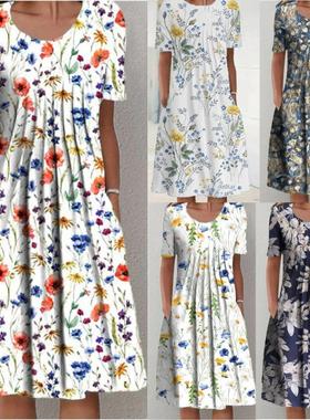 Plus size womens elegant long skirt round neck short sleeve