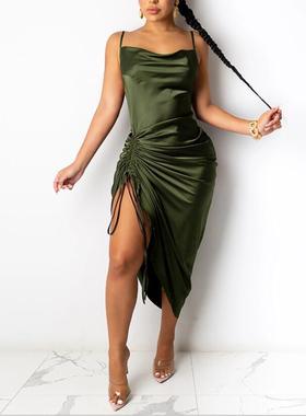 newasia satin dress shiny split spaghetti strap ruched