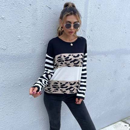 Clothing Loose Round Neck Pullover Black and White Leopard