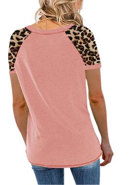 short-sleeved print stitching neck womens round Leopard