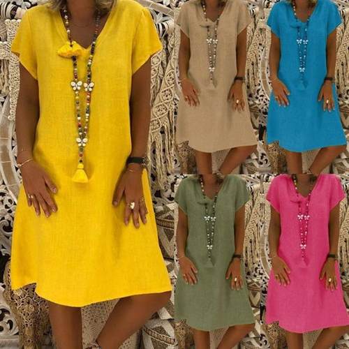 Short-sleeved midi dress with V-neck 11 colors and 8 sizes