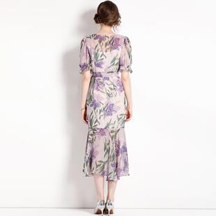 square break floral tea Purple long neck dress waist