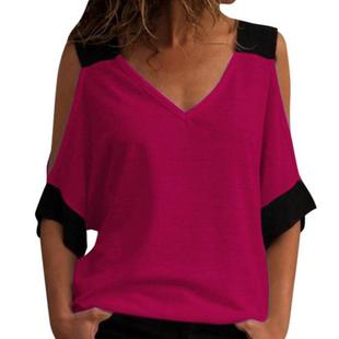 Color Casual Contrast Shoulder Off Tops Womens Fashion