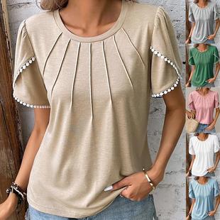 pleated color shirt Ladies solid round new sleeve