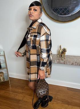 women plaid shacket jacket lapel long button down flannel