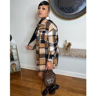 women plaid shacket jacket lapel long button down flannel