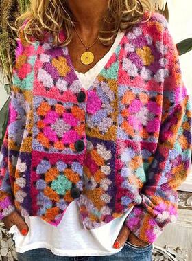 plaid autumn patchwork jacket women lady placket geometric