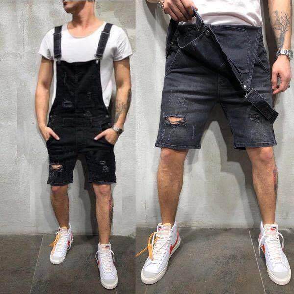 shorts jeans ripped rompers denim suspender mens