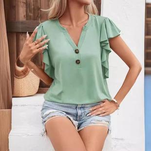 sleeve solid shirt top short ladies color sleeved elegant