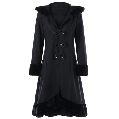 Wool Long Hood Tie Back Coat Collar Fur Large