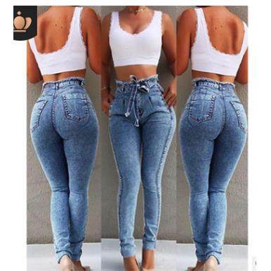 Women's slim fit elastic tassel belt high waist jeans