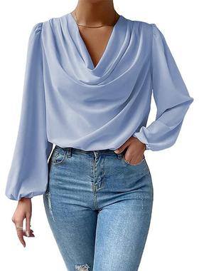 Clothing Womens T-Shirt Top Neck V Draped Loose Blouse