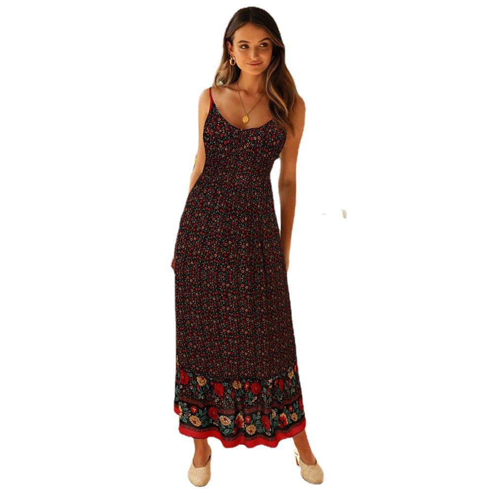 Womens Bohemian V-neck halter dress with floral pattern