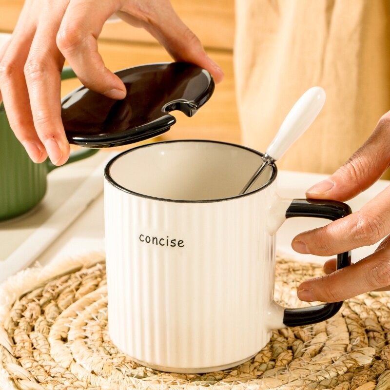 马克杯大容量竖条纹带盖勺咖啡茶杯男家用办公室情侣陶瓷喝水杯子