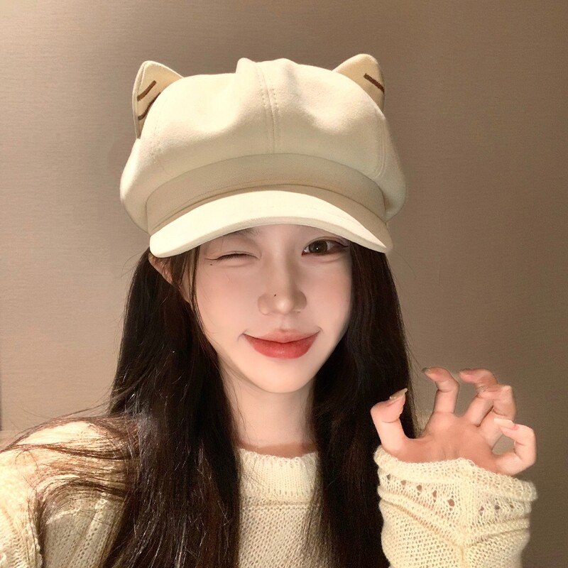 猫耳朵贝雷帽日系可爱毛呢女春秋百搭显脸小鸭舌报童帽八角帽子