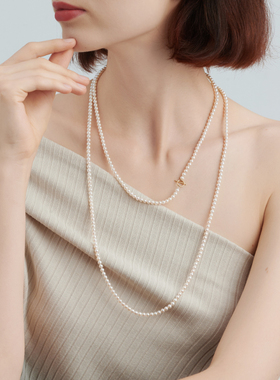 明星同款GiO珠宝淡水珍珠项链长款OT扣毛衣链18K金小米珠串女