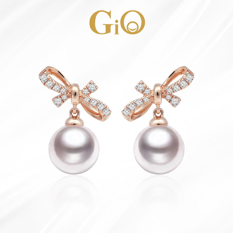 GiO珠宝 Akoya海水珍珠耳钉耳饰女18K金蝴蝶结耳环气质送女友,珠宝/钻石/翡翠,耳饰,淘宝优惠券,粉丝福利购,淘宝优惠卷