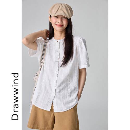 画风drawwind白色短袖宽松衬衫女夏季2026新款慵懒风刺绣立领上衣