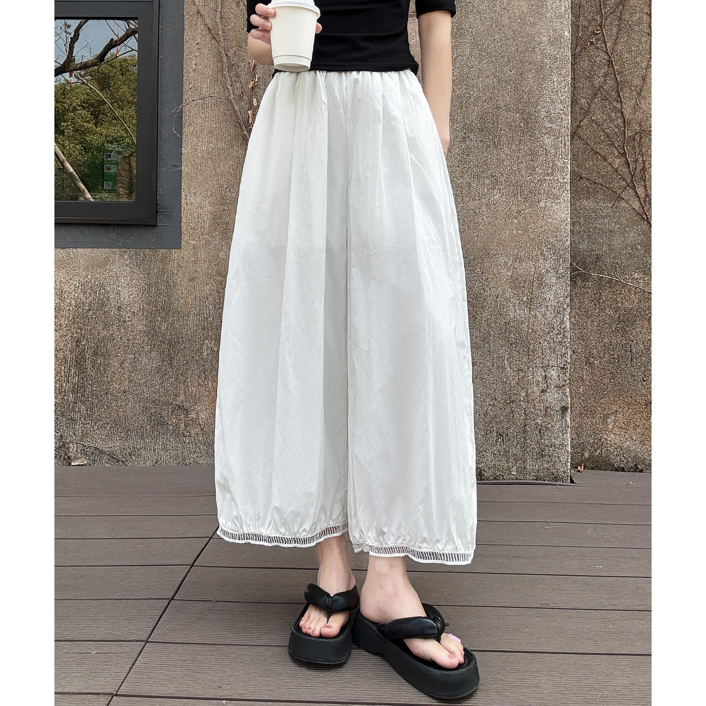 白色蕾丝镂空灯笼裤女2026年夏季新款冰丝高腰九分垂感气球阔腿裤