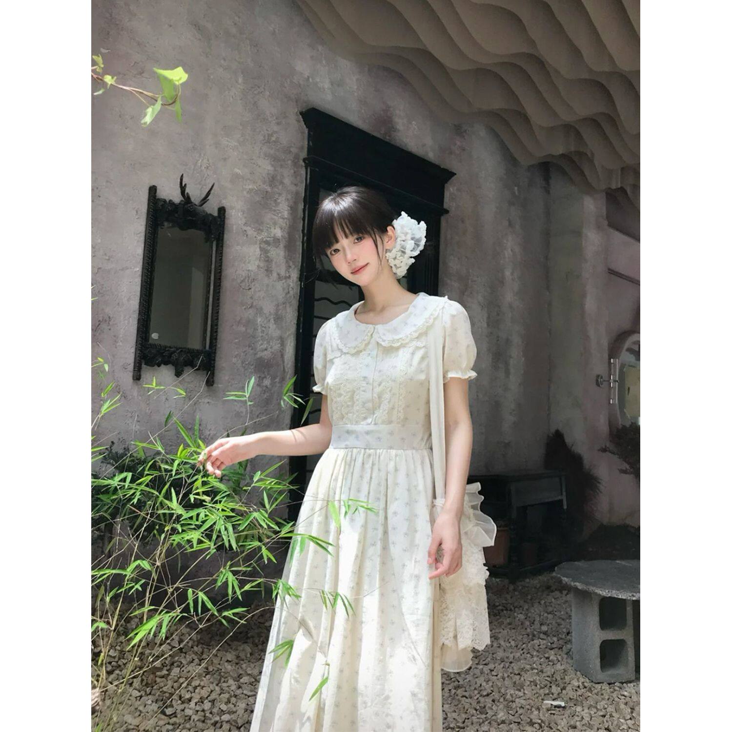 田园风信 甜美可爱少女感娃娃领泡泡袖碎花连衣裙夏季显瘦a字长裙