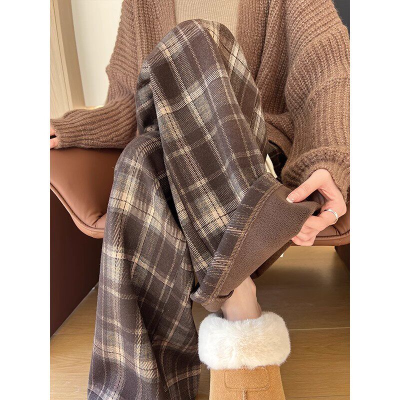 撞色复古加绒格子裤女秋冬季慵懒宽松直筒裤高腰垂感毛呢阔腿裤子