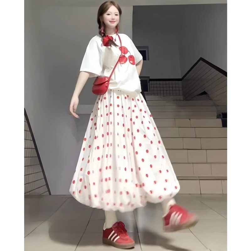 日系红色波点花苞裙女夏季新款宽松遮跨显瘦a字裙温柔风蓬蓬裙子