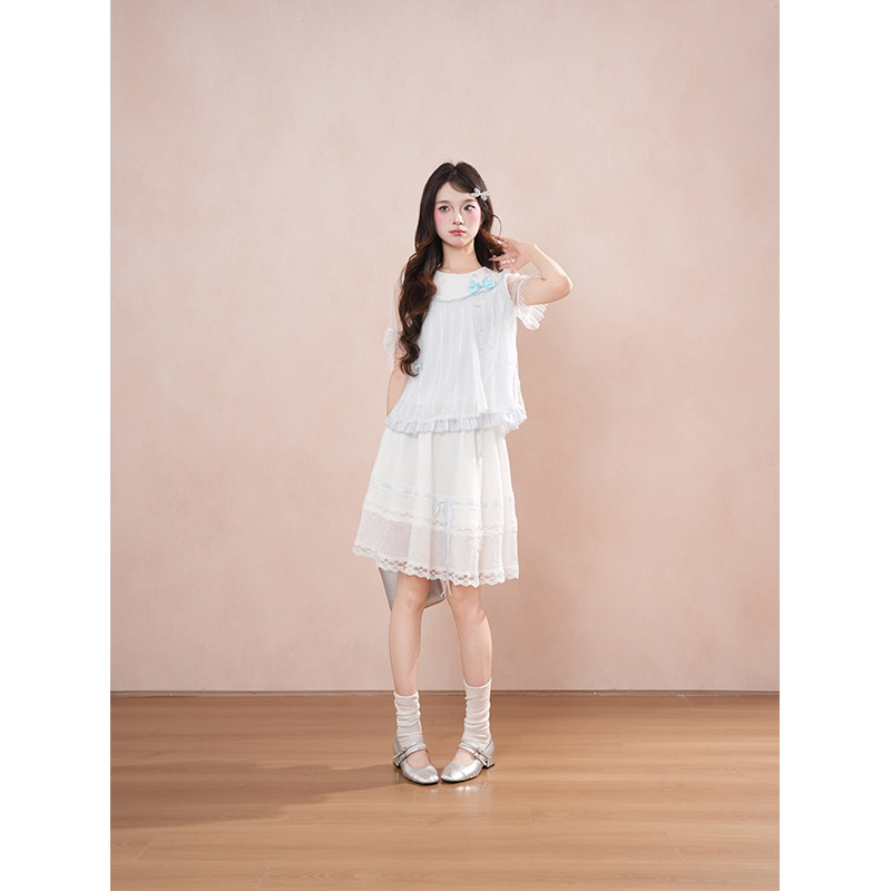 薄雾森林 夏季日系甜美学院少女套装设计感上衣蕾丝拼接半裙套装