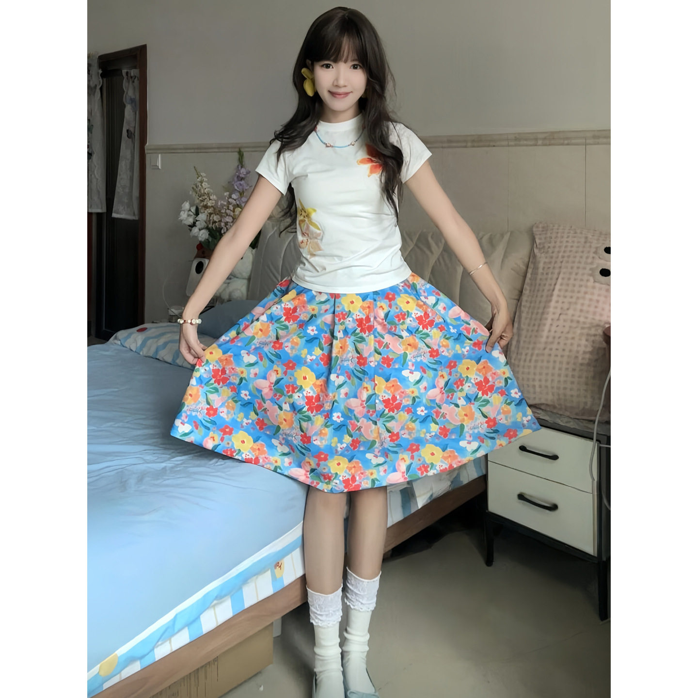 蓝色韩版碎花半身裙女2026年春夏高腰显瘦a字裙多巴胺度假风长裙