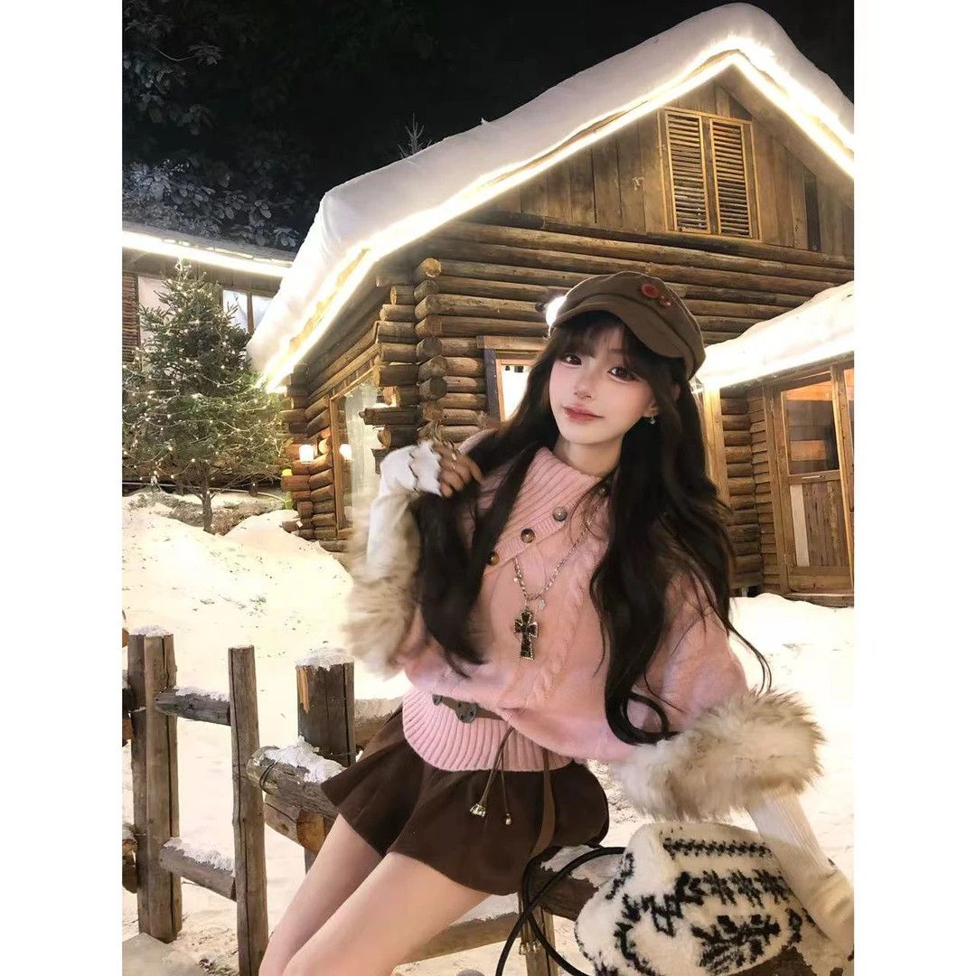 草莓可颂 冬季毛衣高领套头毛毛袖子粉色上衣+百褶裙冬季新款套装