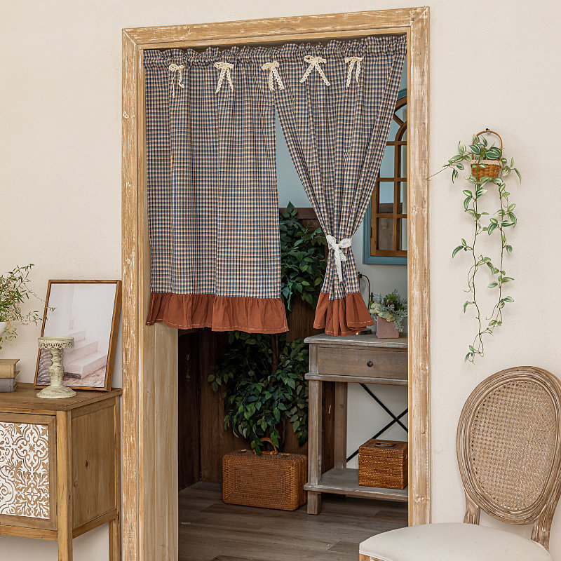 复古格子门帘隐私帘半截小帘