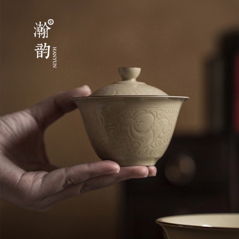 x蔓生尘物定白划刻婴戏卧足盖碗单只手工雕刻泡茶碗