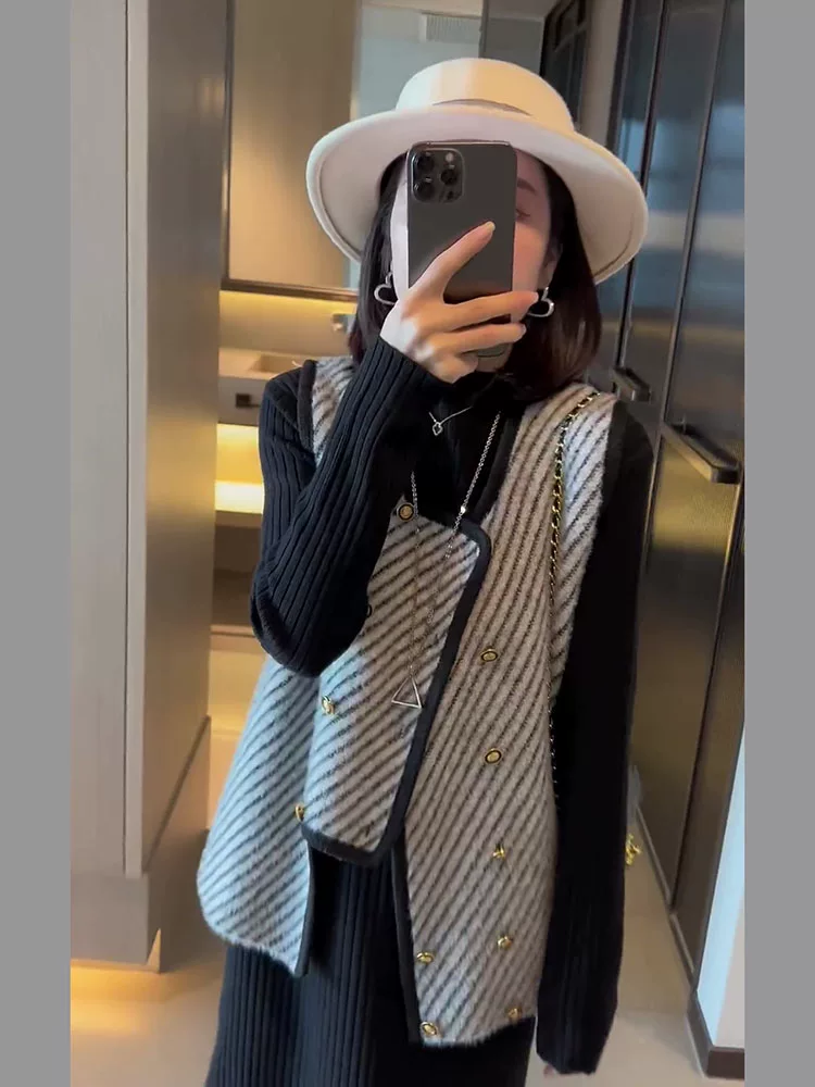Осеннее вязаное платье, жилет, набор, для подростков, стиль Chanel