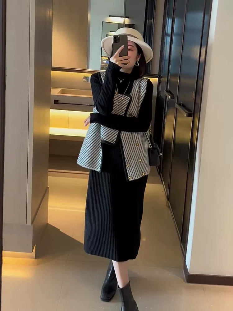 Осеннее вязаное платье, жилет, набор, для подростков, стиль Chanel
