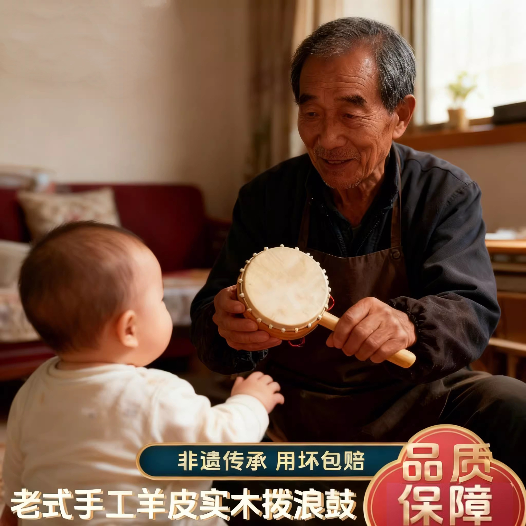 拨浪鼓哗啦棒老式手工非遗羊皮牛皮新生婴儿可啃咬传统木质儿童
