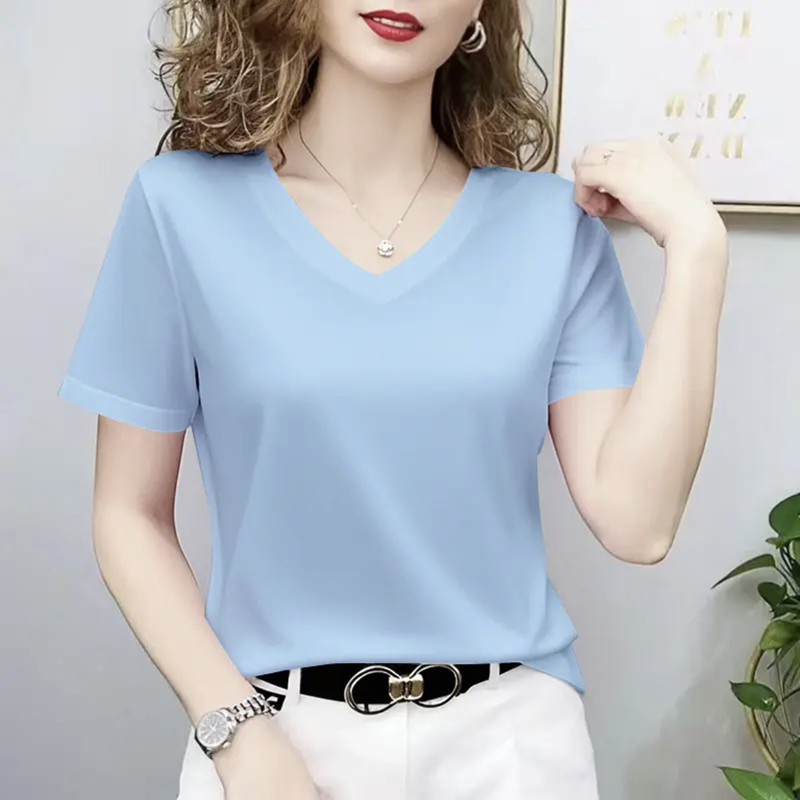 夏季新款高弹莫代尔蓝色V领短袖T恤女宽松显瘦纯色百搭洋气打底衫