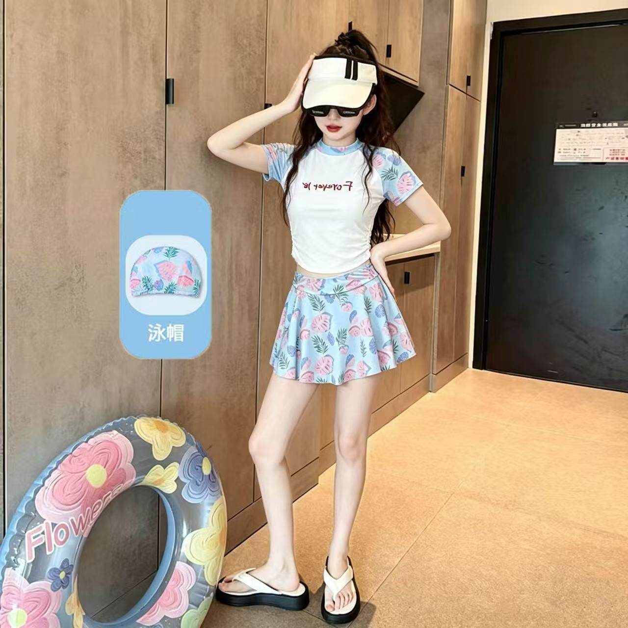 女童新款运动游泳衣分体平角裙保守防走光温泉度假两件套碎花泳装