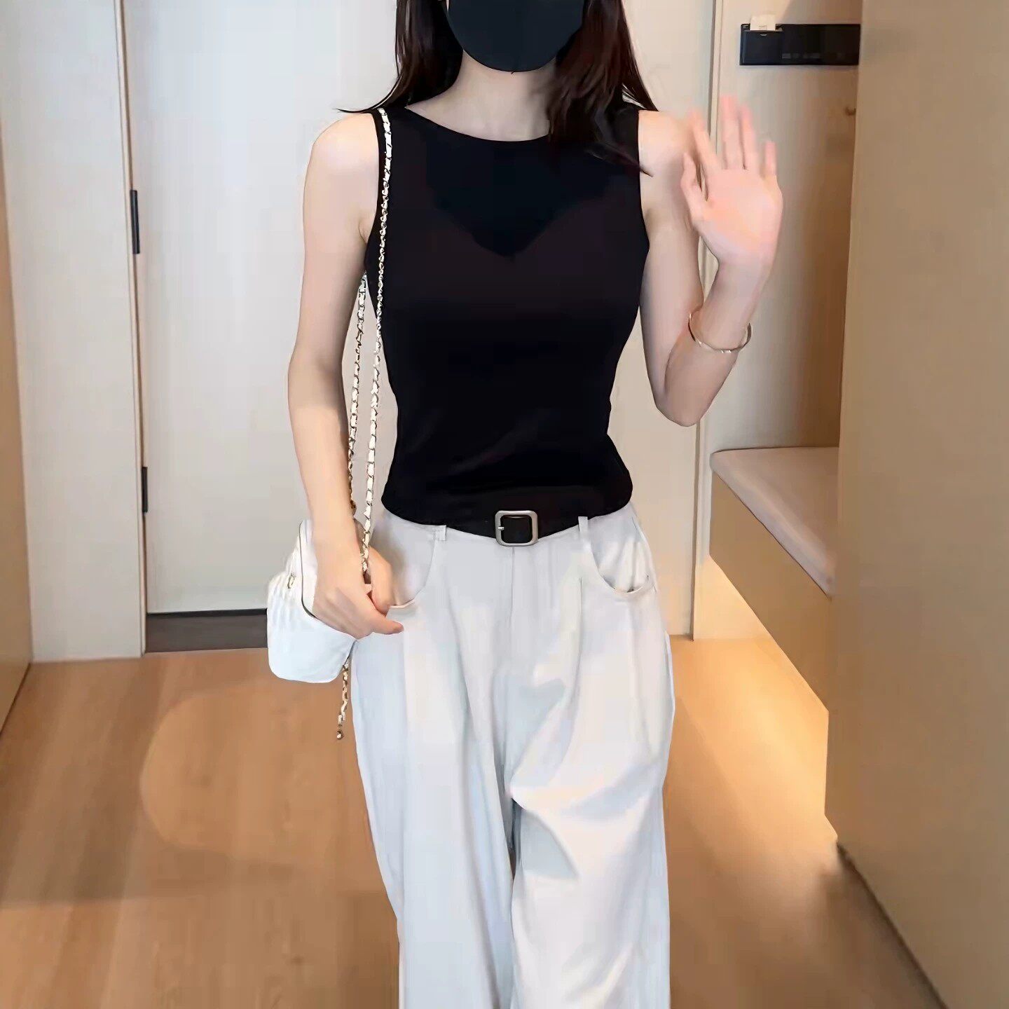 黑色工字型一字领无袖背心女2026夏季大码胖MM修身外穿遮副乳上衣
