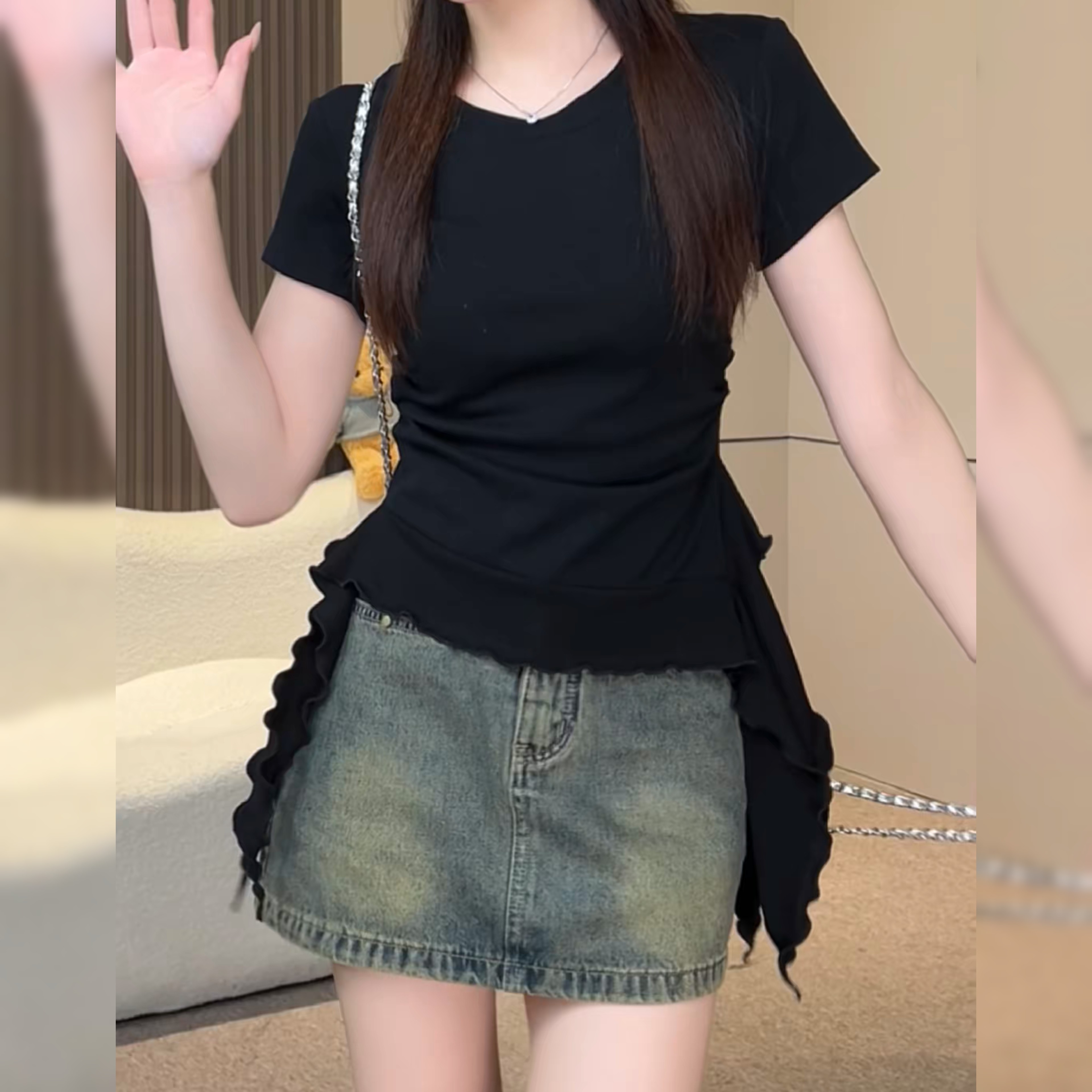 不规则荷叶边短袖T恤女2026夏季新款大码黑色设计感显瘦小众上衣