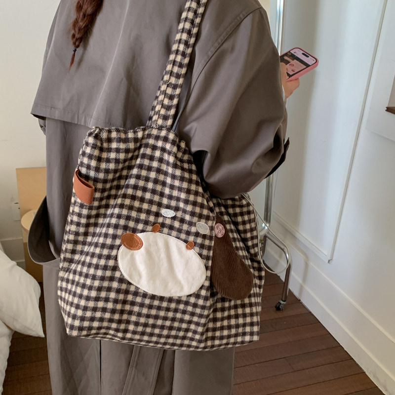 韩系格子帆布包女包2025新款秋冬学生大容量单肩包休闲百搭通勤包