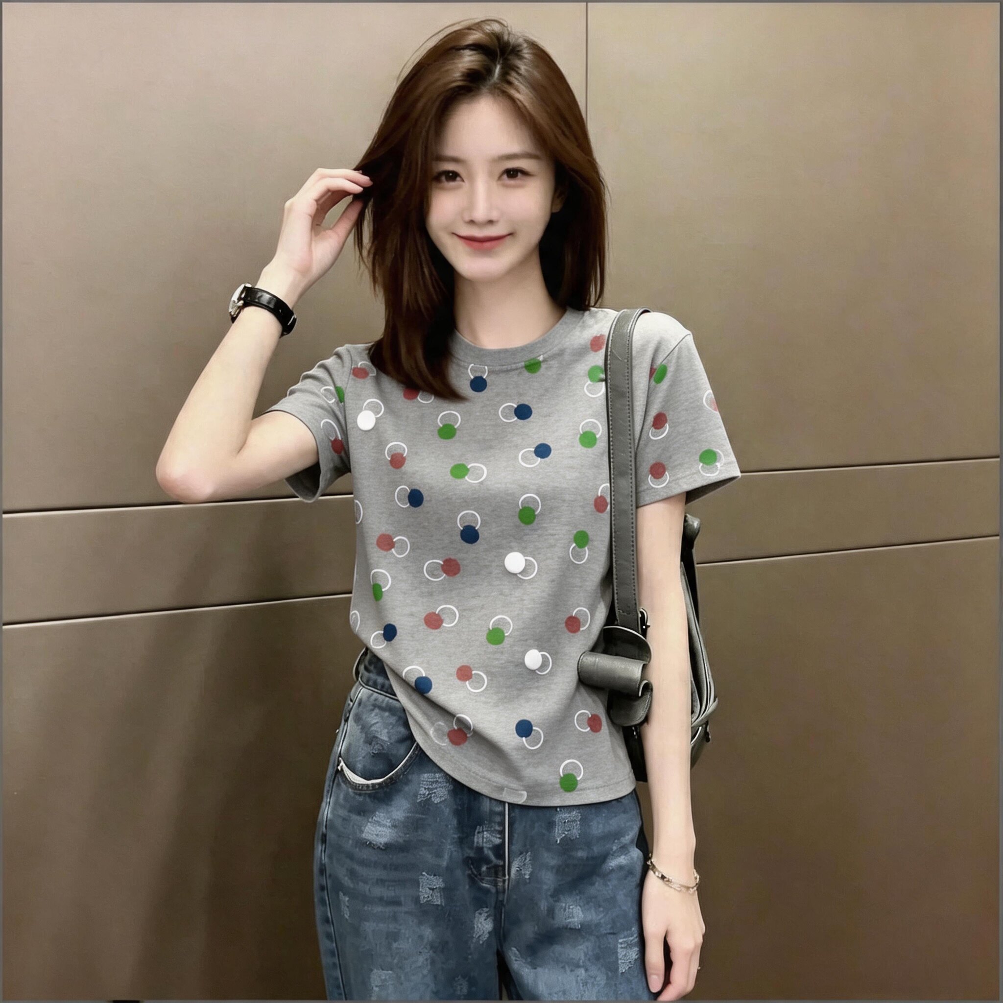 今年流行超火灰色棉t正肩短袖T恤女夏季小个子显瘦减龄韩版上衣女