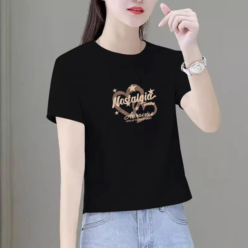 纯棉短款短袖t恤女2026新款正肩宽松显瘦上衣爱心印花圆领体恤衫