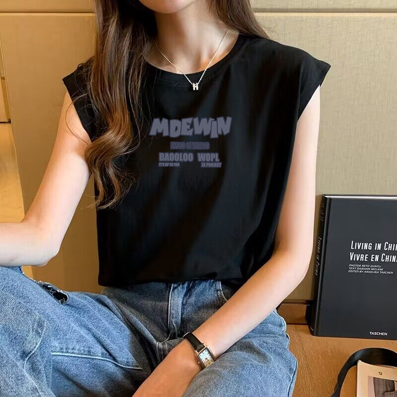 纯棉黑色无袖t恤女夏季2023新款外穿时尚减龄坎肩袖体恤背心上衣