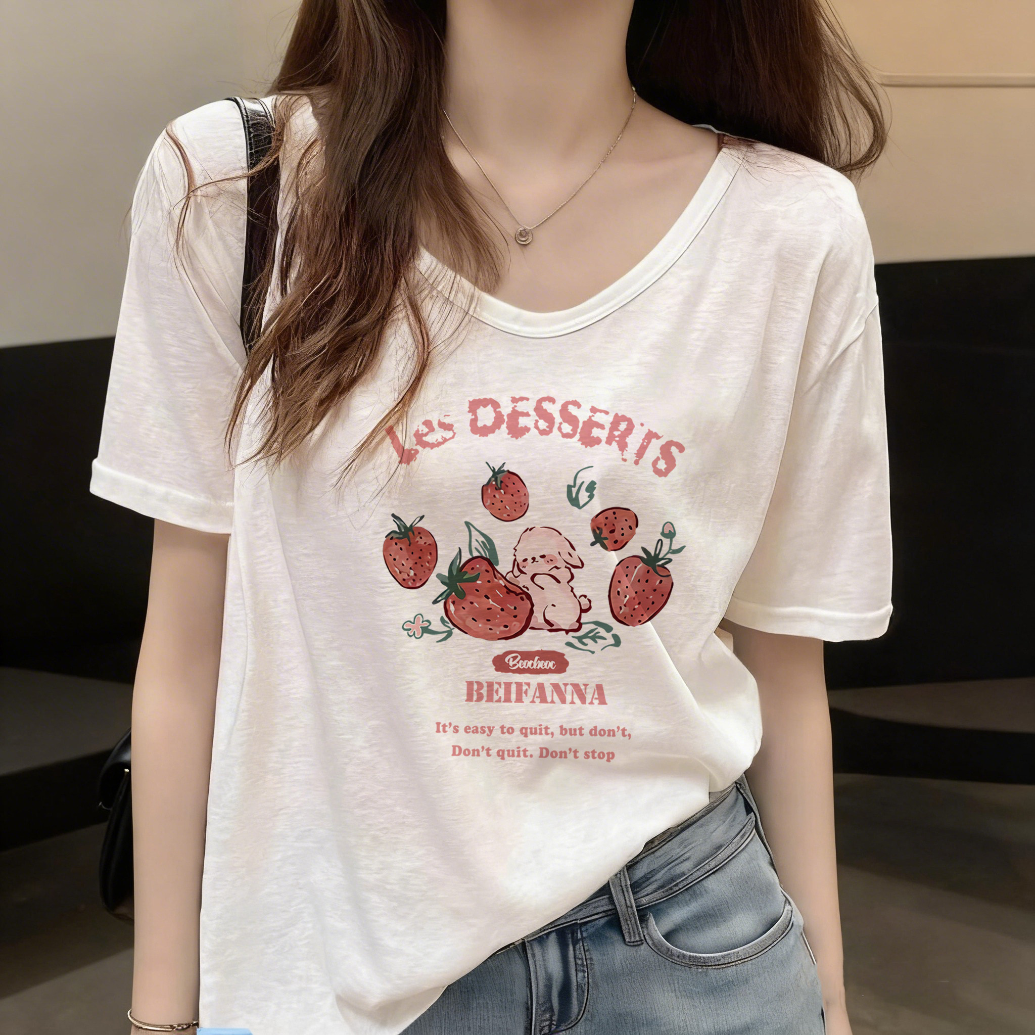 竹节棉短袖女t恤夏季白色v领宽松慵懒风显瘦大码胖mm设计感上衣女