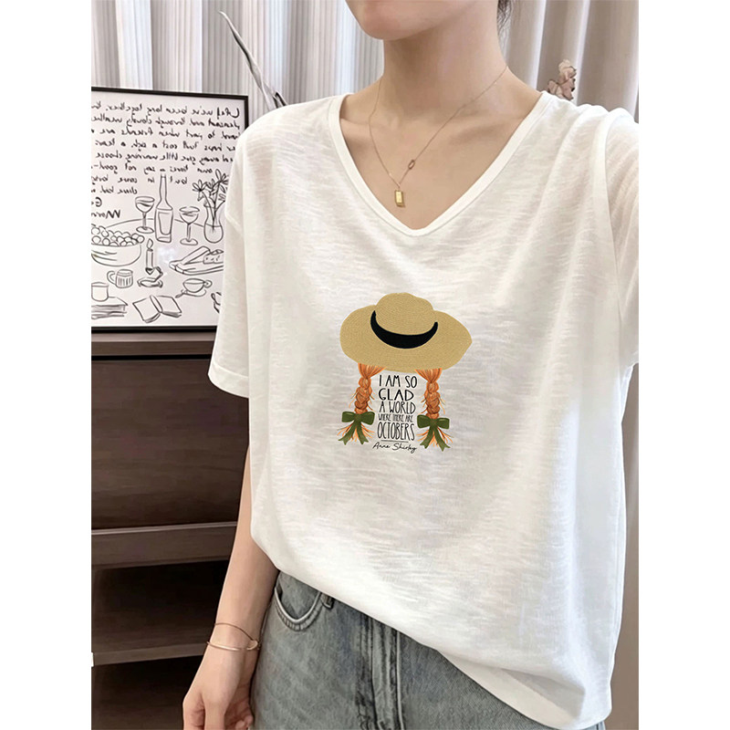 白色竹节棉大码短袖夏季薄款T恤女2026新款胖mm显瘦遮肚v领上衣潮