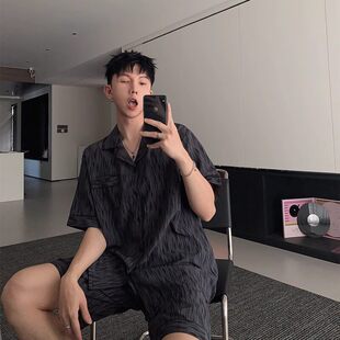 夏季睡衣男冰丝短袖短裤薄款男士男生夏天黑色学生家居服大码套装