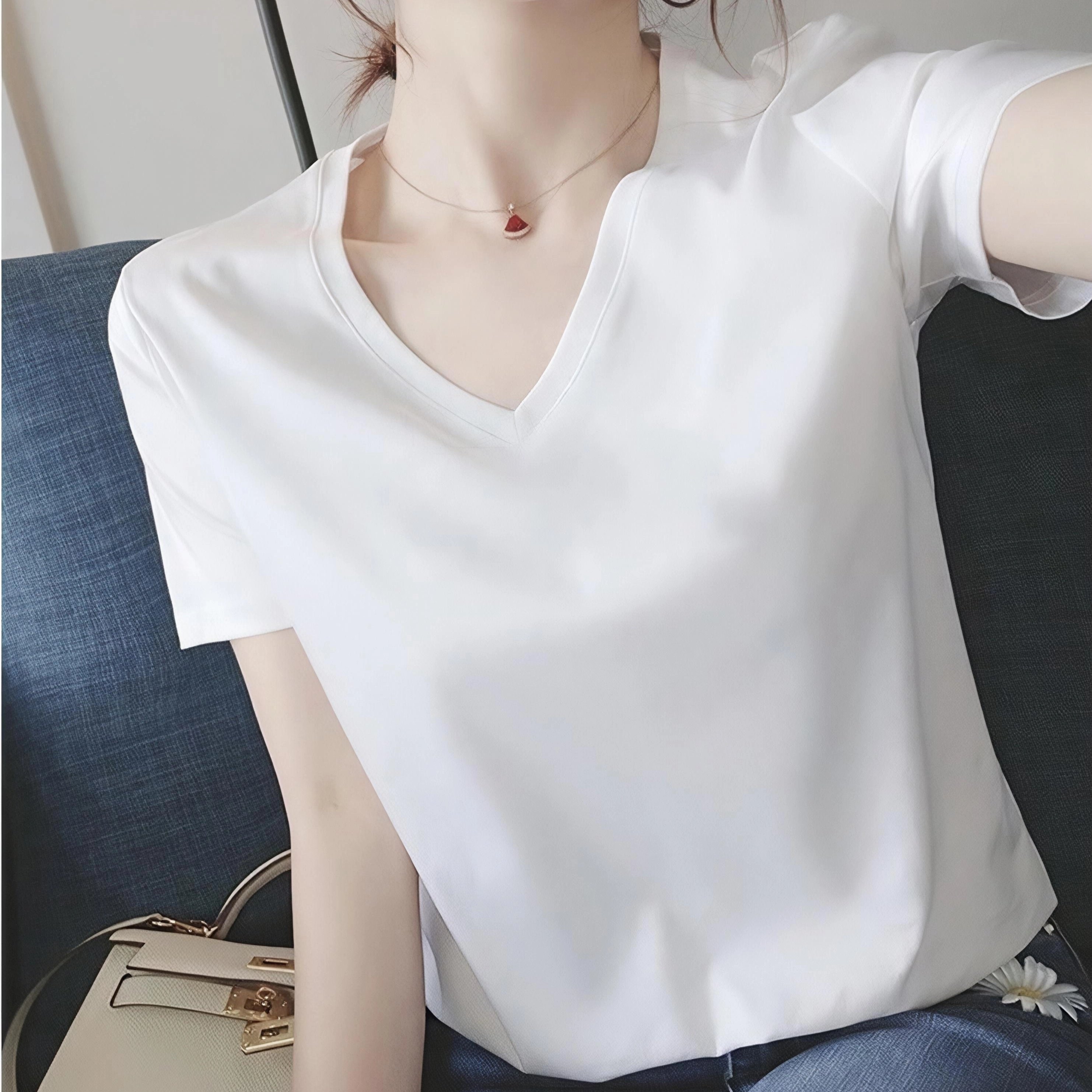 纯棉冰丝短袖t恤女上衣夏季新款宽松纯色V领高级感半袖体恤打底衫