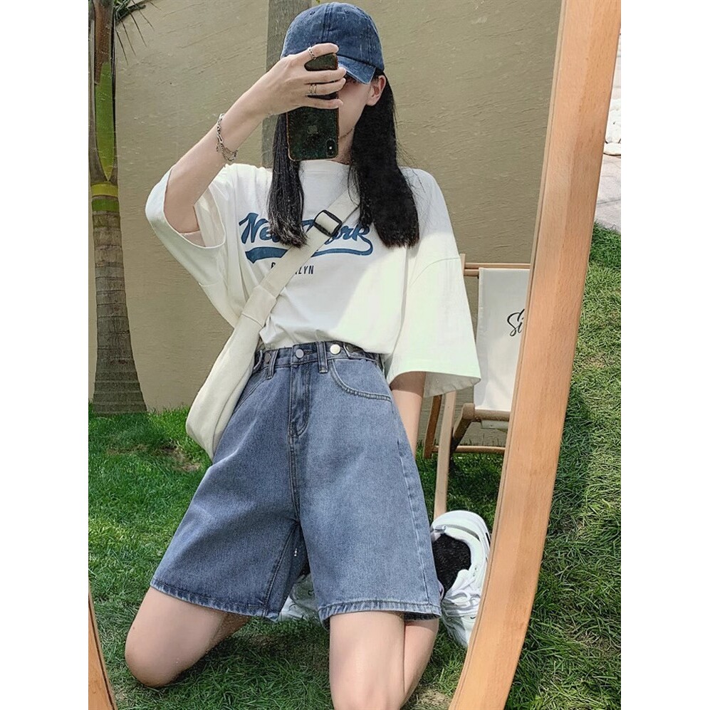 设计感五分短裤女春夏大码胖mm宽松显瘦直筒阔腿高腰牛仔裤ins潮