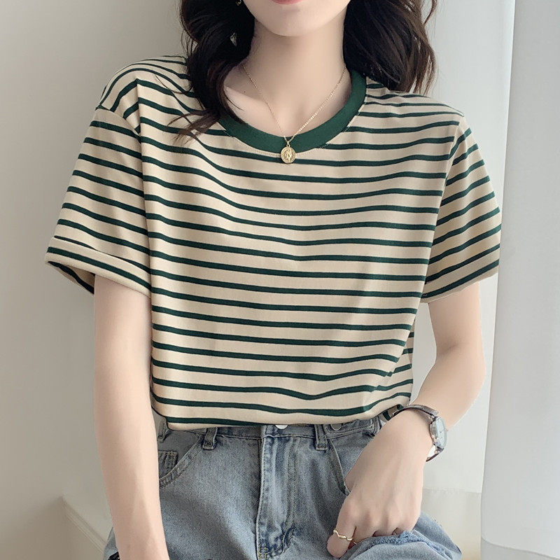 显白复古绿色条纹撞色短袖T恤女学生宽松显瘦百搭打底衫上衣夏季